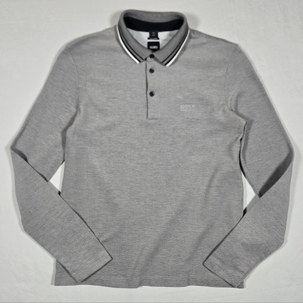 BOSS Hugo Boss Men's Gray Plisy Long Sleeve Polo Shirt White Collar Trim